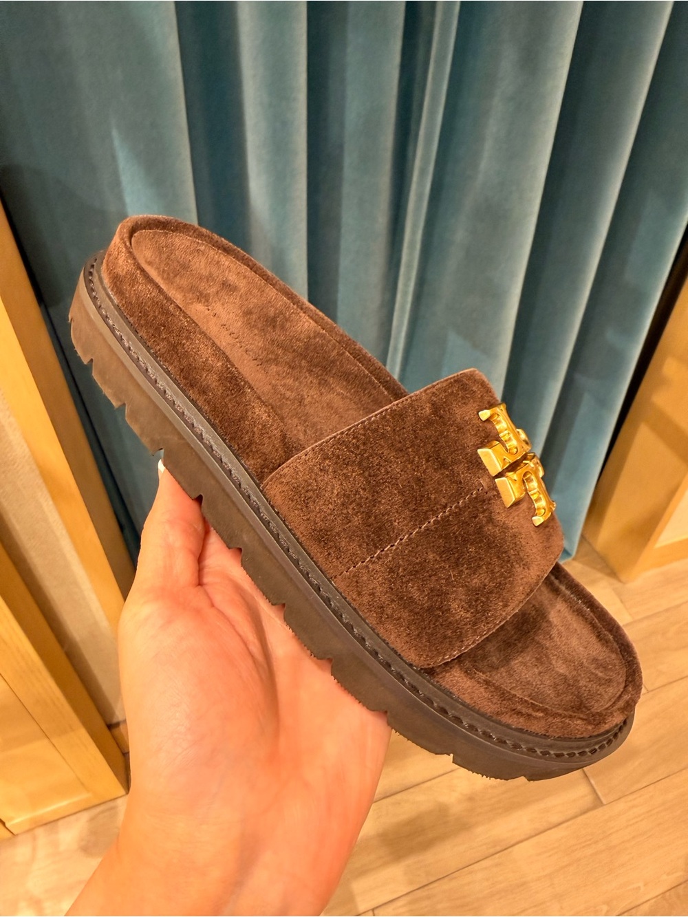 Tory Burch Everly Anatomic Suede Lug Sandals, Dark Cocoa / Coconut - Picture 3 of 8